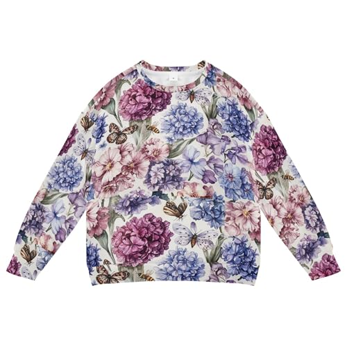 JUNZAN Florals Hyacinths Butterflies White Kids Boys Hooded Sweatshirt Long Sleeve Sweatshirt With Hoodie Camping 4T