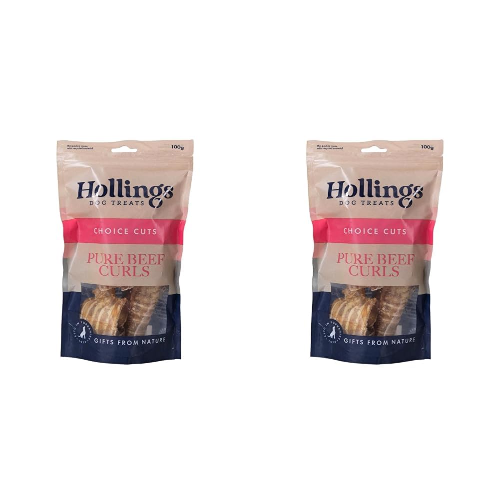 Hollings Beef Curls Dog Treats, 100% Natural Grain Free & Easily Digestible Air Dried Treats for Adult Dogs, Made From 100% Beef Trachea (100g) (Pack of 2)
