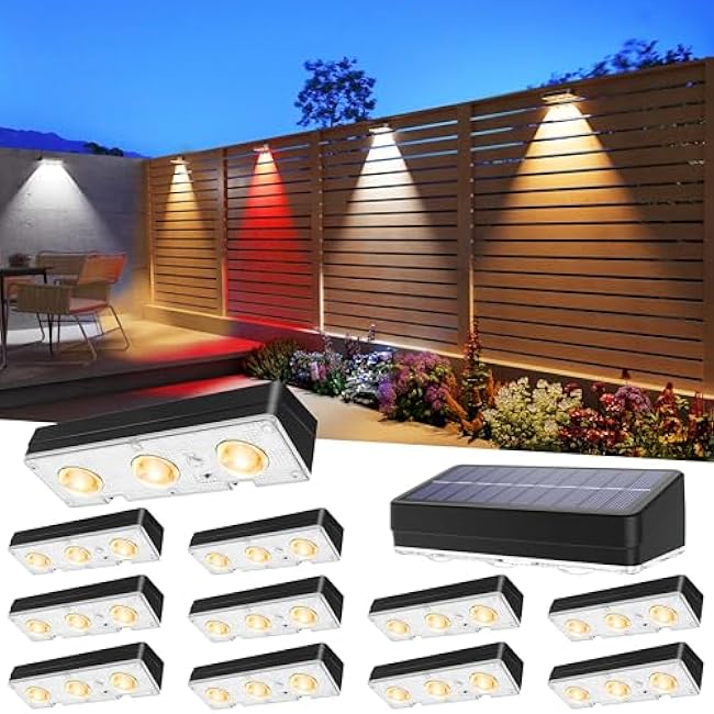 Solar Fence Lights Outdoor Waterproof Led, 12Pack,1300mAh,6 Inch Solar Lights for Fence with Warm White & RGB 8 Colors,Outdoor Solar Lights for Patio, Backyard, Deck, Fence, Railing (Black)