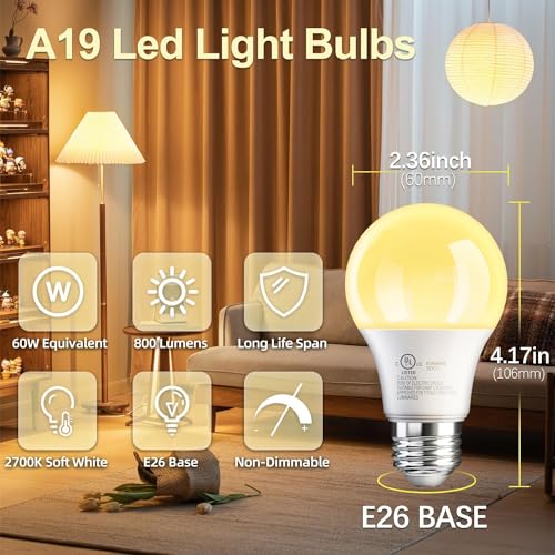 Image of TJOY A19 LED Light Bulbs Soft Warm White 2700K, 60 Watt Equivalent, Efficient 9W, E26 Standard Base, Non Dimmable Energy Saving Warm Light Lamp Bulb 800LM 120V, for Home, Bedroom, Living Room, 36 Pack