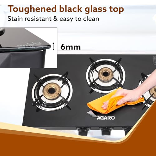 Image of AGARO Elite 3 Burners Gas Stove, Toughened GlassTop, Round Brass Burners, 1 Small, 1 Medium & 1 Big Size Burner, Spill Proof Fixed Drip Tray, Manual Ignition, Kitchen Use, Regular Cooking Use, Black