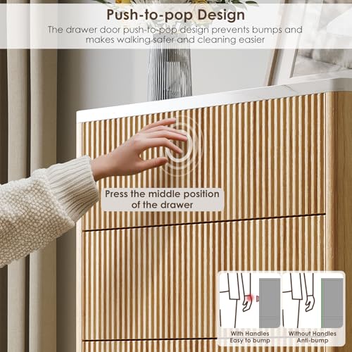 Image of Airynee Fluted 5 Drawers Dresser for Bedroom, 47 inch Tall Handleless Chest of Drawers with Faux Marble Top, Curved Profile Design, Wood Drawer Organizerfor forLiving Room, Hallway, Entryway, Natural Oak