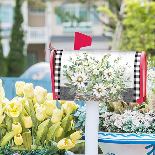 Image of Spring Mailbox Covers Magnetic Standard Size 25x21 Inch Floral Buffalo Plaid Mailbox Decorations Wrap Holiday Outdoor Decor Post Letter Box Cover for Home Garden Yard