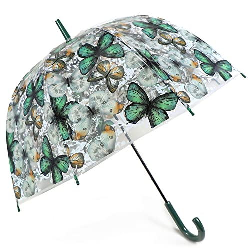 Siepasa Women’s Clear Bubble Transparent Umbrella-Auto Open Clear Dome Umbrella With Classic Hook Handle For Gentlemen And Ladies Wedding, Bridal Parties, Outing And Large Group Gathering, Graduation, Prom, Or Everyday City Walking. (Green Butterfly) #TOP10