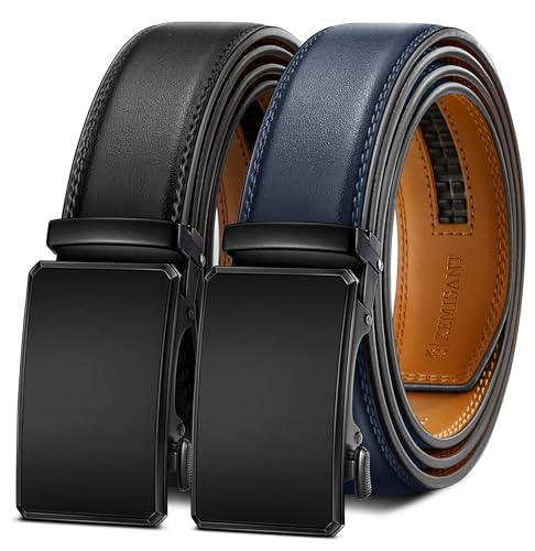 Image of KEMISANT Men Belt 2 Pack, Leather Ratchet Belt Easy Click Slide For Men 1 3 /8 inch,Cut for Fit