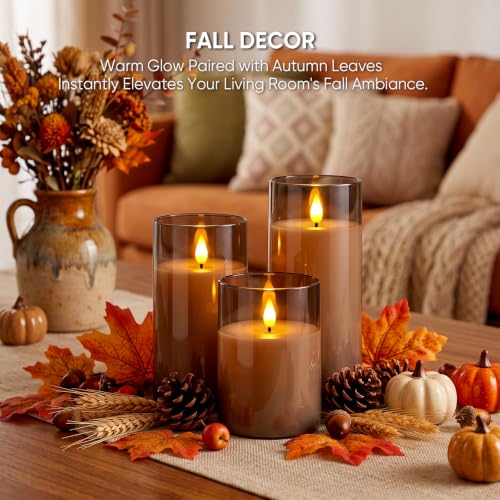 Image of Raycare Battery Operated Flameless Pillar Candles with Remote Timer, Gray | LED Acrylic 3D Flickering Warm Glow for Fall Home Decor, Hotel Spaces, Halloween, Thanksgiving Dinners, Christmas, Set of 3
