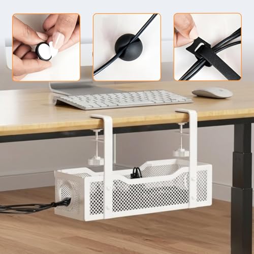 Image of Under Desk Cable Management Tray | Metal Wire Organizer with Clamp Mount | No Drill Cord Holder for Power Strip& Network Cables | Adjustable Cable Tray for Office & Home Setups (White)