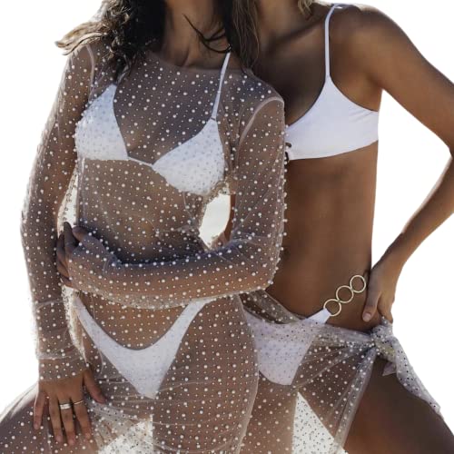 JUMISEE Women's Sexy Sheer Mesh Pearl Rhinestone Cover Up Dress Elegant Side Slit Long Sleeve Maxi Dress Beach Coverups2