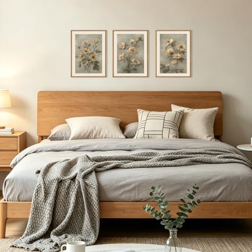 Image of KAIRNE Vintage Botanical Flower Framed Canvas Wall Art Set,Boho Green Beige Floral Wall Decor,Rustic Wildflower Art Prints,Modern Minimalist Artwork for Living Room,Bedroom,Farmhouse,Office-12 x16 x3