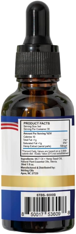 STIRLING Organic Hemp Oil - 600,000mg Natural Berry Flavor - Enhances Sleep and Helps Reduce Discomfort - THC-Free, Non-GMO, Gluten-Free, High in Omega 3 6 9 - Premium U.S. Hemp Seed Oil