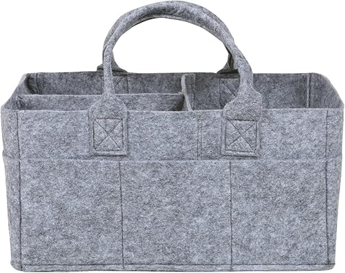 Image of Sammy & Lou Collapsible Light Gray Felt Storage Caddy, Divided Design To Keep Diapers, Wipes And Changing Items Organized, Two Handles, 11.5"D x 6"W x 8"H