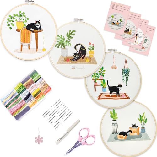 Image of Bonroy 4 Sets Embroidery Set for Beginners, Art Craft, Easy Sewing, Includes Embroidery Clothing, Pattern, Embroidery Hoop, Instruction Manual, Colorful Thread Stitch Set (Cat)