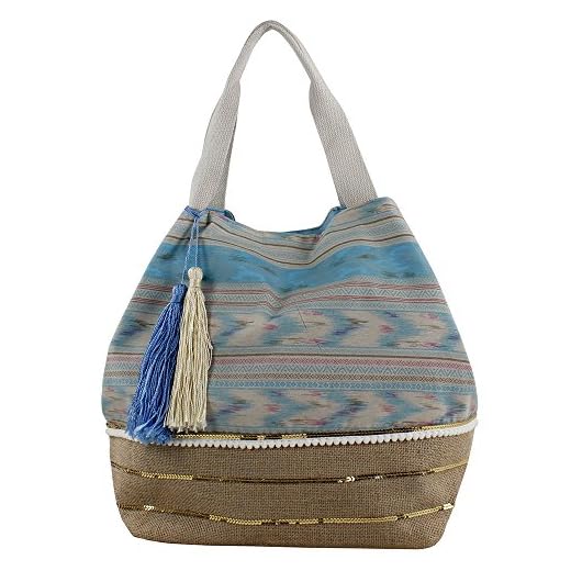 For Time, Bolso shopper de rafia étnico con tiras para Mujer, Azul, 40x34x20 cm