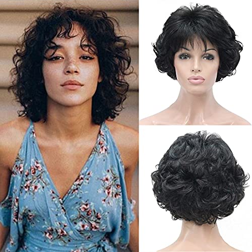 Kalyss - Perruque courte bouclée avec frange de qualité supérieure, noir… Cover