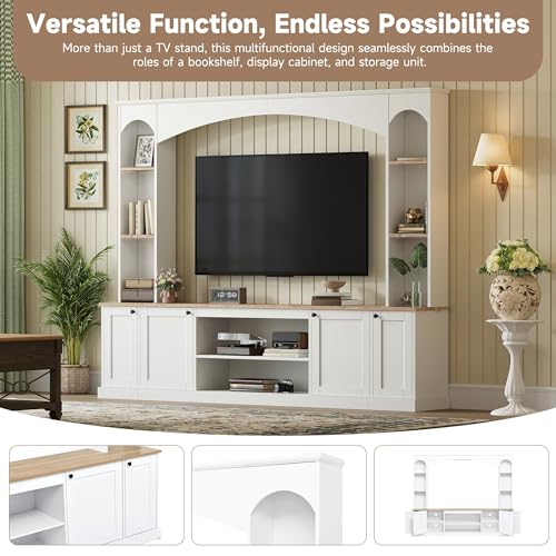 Image of JIJIWANG 91 inch Arched Entertainment Center with Bookshelf for TVs Up to 70 inch, Large Wall Unit Tv Stand with Storage Adjustable Shelves Doors for Living Room White
