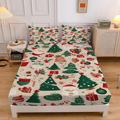 サンタクロースシーツシングルクリスマスツリーベッドカバー柔らかい通気性マイクロファイバー 3点セット防ダニ高反発 吸水 速乾 抗菌 防臭 防ダニと 2 枕カバー43x63 cm着脱簡単 丸洗い可能 マットレスカバー100x200x30 cm