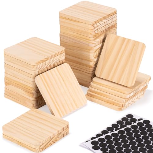 46Pcs Unfinished Wood Coasters-4 Unfinished Natural Wood Slices for Crafts Round with Non-Slip for Wedding Decoration/Blank Coasters Wood Kit DIY Architectural Models Drawing Painting Wood Engraving