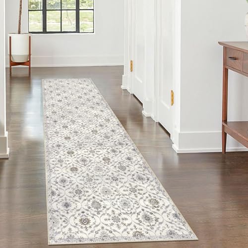 KILOCOCO 2x7 Runner Rug, Moroccan Super Soft Washable Hallway Entryway Runner Rug, Accent Print Faux Wool Kitchen Runner Rug 7 Feet Non-Slip Runners Boho Rug Runners for Bedroom, Cream Beige Grey