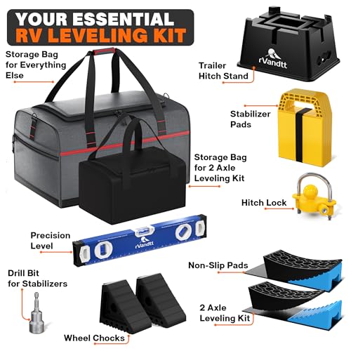 Travel Trailer/Toy Hauler Leveling, Stability, and Security Kit - Two Axle Leveling kit, Trailer Hitch Stand, Stabilizer Pads, Wheel Chocks, Hitch Lock, Custom Bags, and More!
