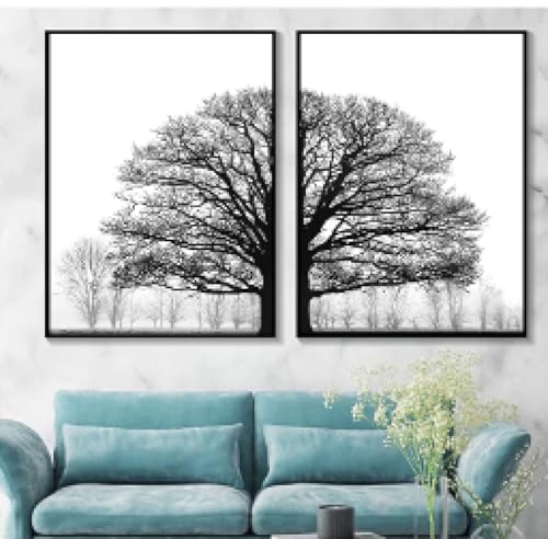 Toile arbre hiver noir et blanc deco scandinave sans cadre pour grand mur salon