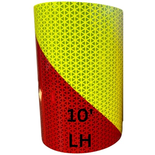 4" x 10' Roll V98 Orafol Oralite Conformable Pre-Striped Chevron Fluorescent Lime Yellow and Red Striped Reflective Safety Tape Left Hand Slant