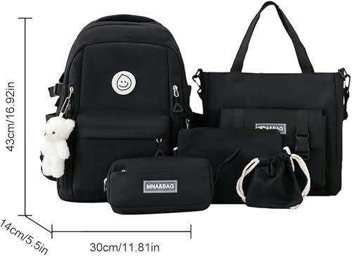 Miniatura 6 de 5pcs Mochila Set Gran Capacidad Patchwork Bookbag Lona con Colgante, Negro, Mediana, Casual