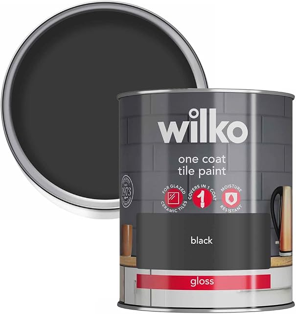 wilko One Coat Intense Black Tile Gloss Paint, Glazed Ceramic Tiles Paint, Moisture Resistant Tile Gloss Paint, One Coat Tile Gloss Paint, 750ml