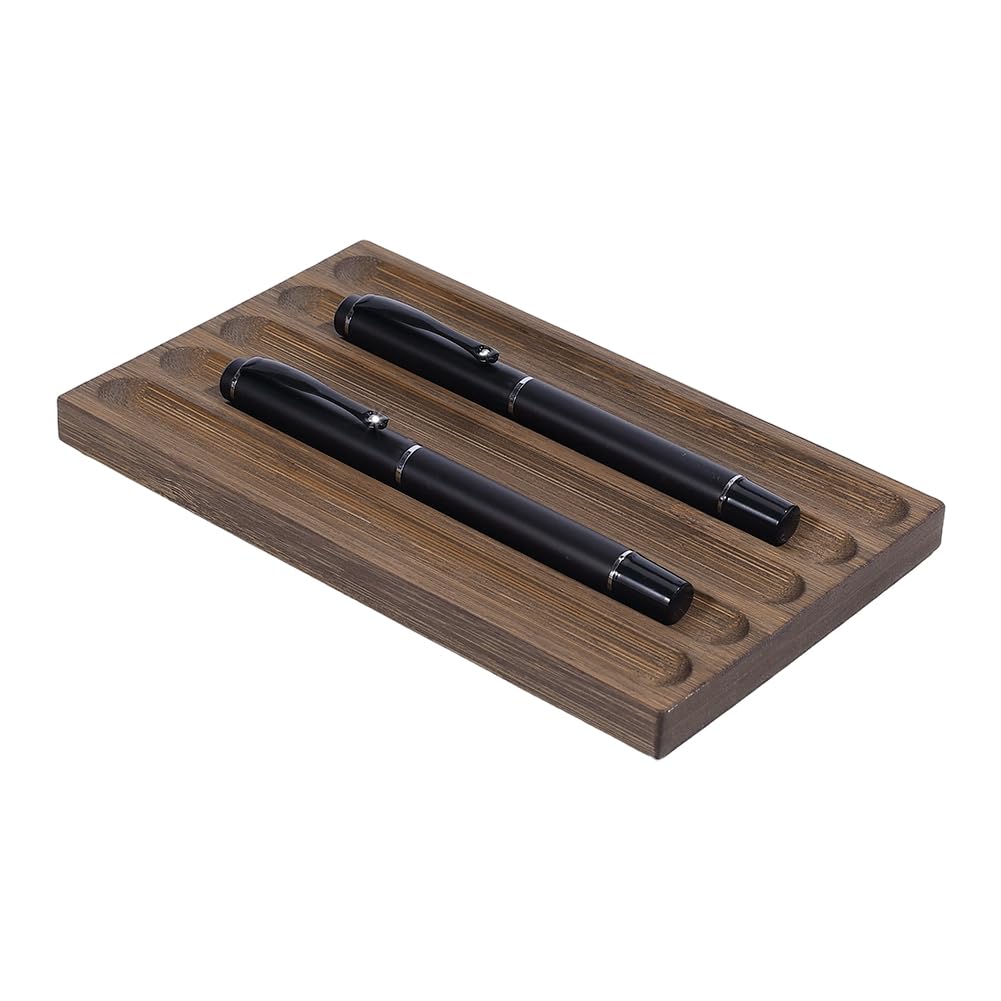 PH PandaHall Bamboo Pen Tray, Pen Holder Organizer with 5 Grids Desktop Pencil Holder Rectangle Fountain Tray Rest for Home Office Workplace Study Room Desk Organizer and Decor, Camel, 18x11cm