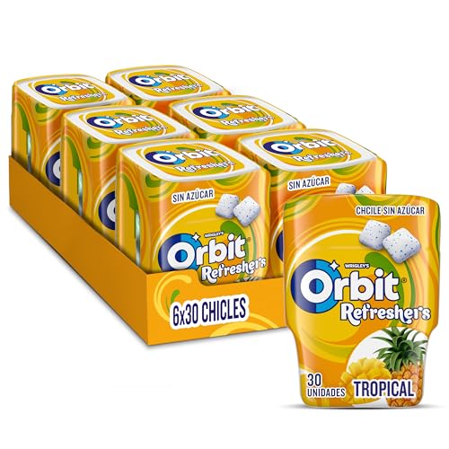 Orbit Bote de Chicles Sin Azúcar Sabor Tropical, Afrutado, Intenso y de Larga Duración en formato Gragea (6 x 30 chicles)