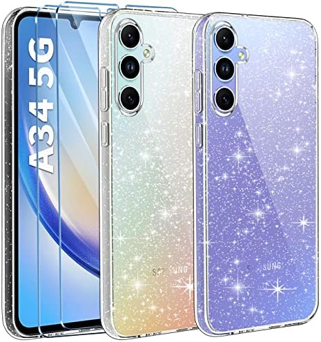 AROYI Przezroczyste brokatowe etui kompatybilne z Samsung Galaxy A34 5G, z 2 szt. ochraniaczy ekranu ze szkła hartowanego, miękkie etui odporne na zarysowania, przezroczyste błyszczące etui do Samsung Galaxy A34 5G 6,6"