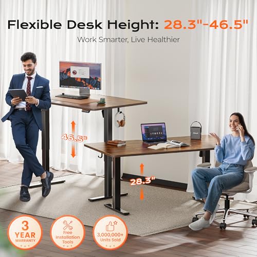 Huuger 63 x 28 Large Electric Standing Desk, Height Adjustable Computer Desk, 27.6" Deep Desktop, Stand up Gaming Office Table with 2 Hooks, 3 Preset Heights, for Home Office, Rustic Brown