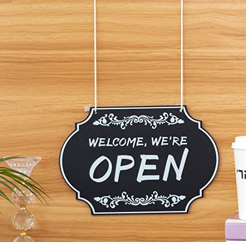 Wooden Open And Closed Sign, Business Store Sign Double Sided Welcome, We're Open, Sorry, We're Closed Hanging Sign For Shop, Coffee Bar 12''X8'' (Black) #TOP2