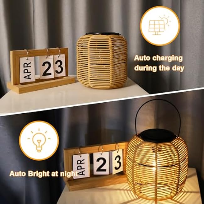 Hanging Solar Lanterns Outdoor Waterproof, 2 Pack Rattan Outdoor Lanterns, Outdoor Solar Hanging Lights, Lantern Lamp Decorations for Outside Yard Garden Pathway Porch Indoor Table Rattan Decor