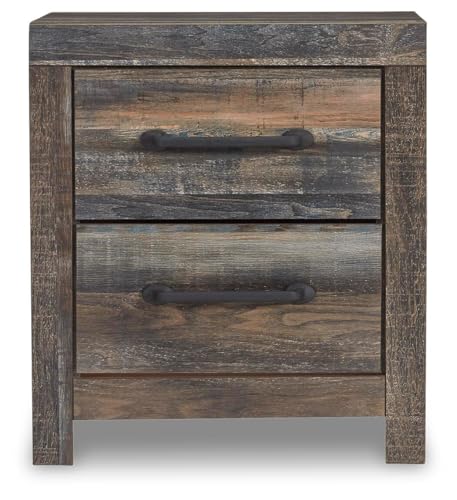 Image of Signature Design by Ashley Drystan Rustic Industrial 2 Drawer Nightstand with 2 Slim-Profile USB Charging Stations, 24.37 inch Tall, Weatherworn Brown