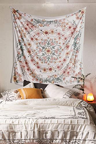 Beige Bohemian Tapisserie Wandbehang, Mandala Blumenmedaillon Hippie Tapisserie mit weißem ästhetischen Kranz Design, Psychedelischer Hippie Wanddekor Decke für Schlafzimmer Wohnheim, 150*170cm