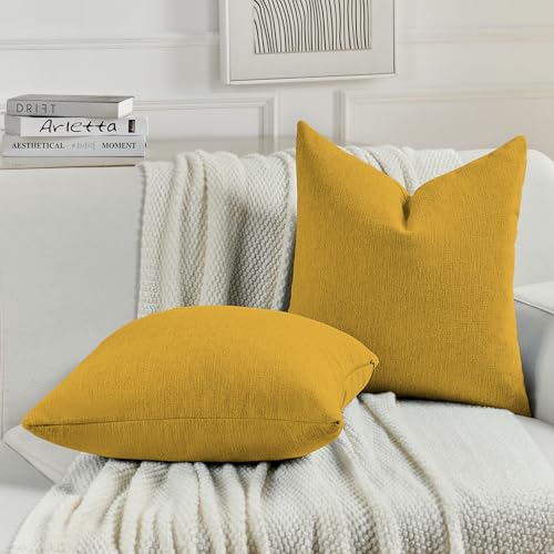 FUTEI Mustard Yellow Chenille Decorative Throw Pillow Covers 16x16 Inch Set of 2,Soft Cozy Faux Linen Textured Cushion Case,Farmhouse Home Decor for Couch Living Room