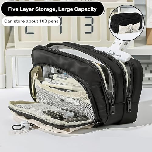 Image of Canvas School Bag Pencil Case, 3 Layer 6 Compartment Large Capacity, Aesthetic Pencil Pouch for Stationary, Cute Stationery for Kids, Pencil Case for Girls & Boys (Dori-Black)