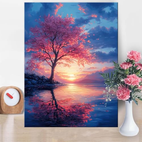 Pintar por Numeros Adultos flores cerezo, Pintar por Numeros Paisaje DIY Painting by Numbers Kits, con Lienzo Sin Arrugas, Pinceles y Pintura Acrílica para Decoración el Hogar Regalos 40x50cm W1-175