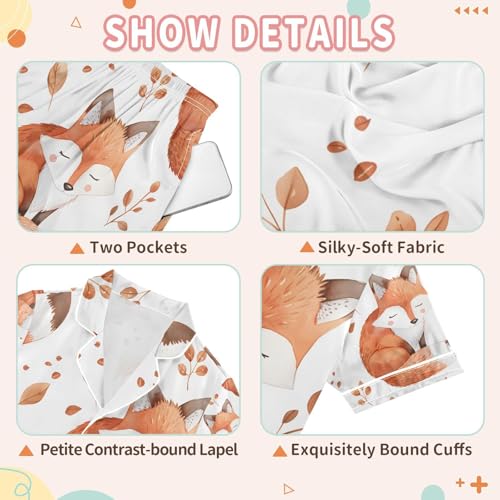 senya Cute Watercolor Fox A Satin Summer Pajama Sets Silk Short Sleeve Button Down Sleepwear3