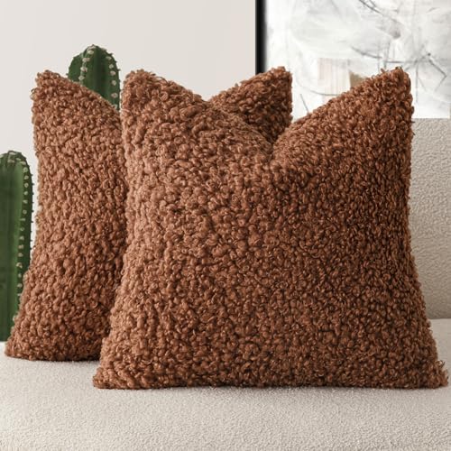 Image of Foindtower 2 Pieces 24x24 Inch Hazel Brown,Faux Fur Throw Pillow Cover Accent Sherpa Furry Pillow Covers Fuzzy Soft Pillowcases Cozy Sheepskin Decorative Fleece Cushion Case for Bed Couch Living Room