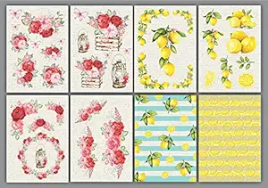 Floral Decoupage Roses Paper - Red Roses & Lemons - 8 Pcs - Size A4 - Decoupage Paper of Flowers - Traditional Decoupage Paper for Craft Kitchen - Ethnic Decoupage Paper Design