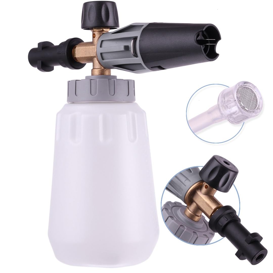 MagicFoam Pianownica – Lanca Pianowa – Dysza – Zbiornik 1000 ml, Regulowana Szerokość i Pozycja Strumienia Piany, Mosiężny Korpus – Złącze Bagnetowe, Kompatybilne z Kärcher K2–K7