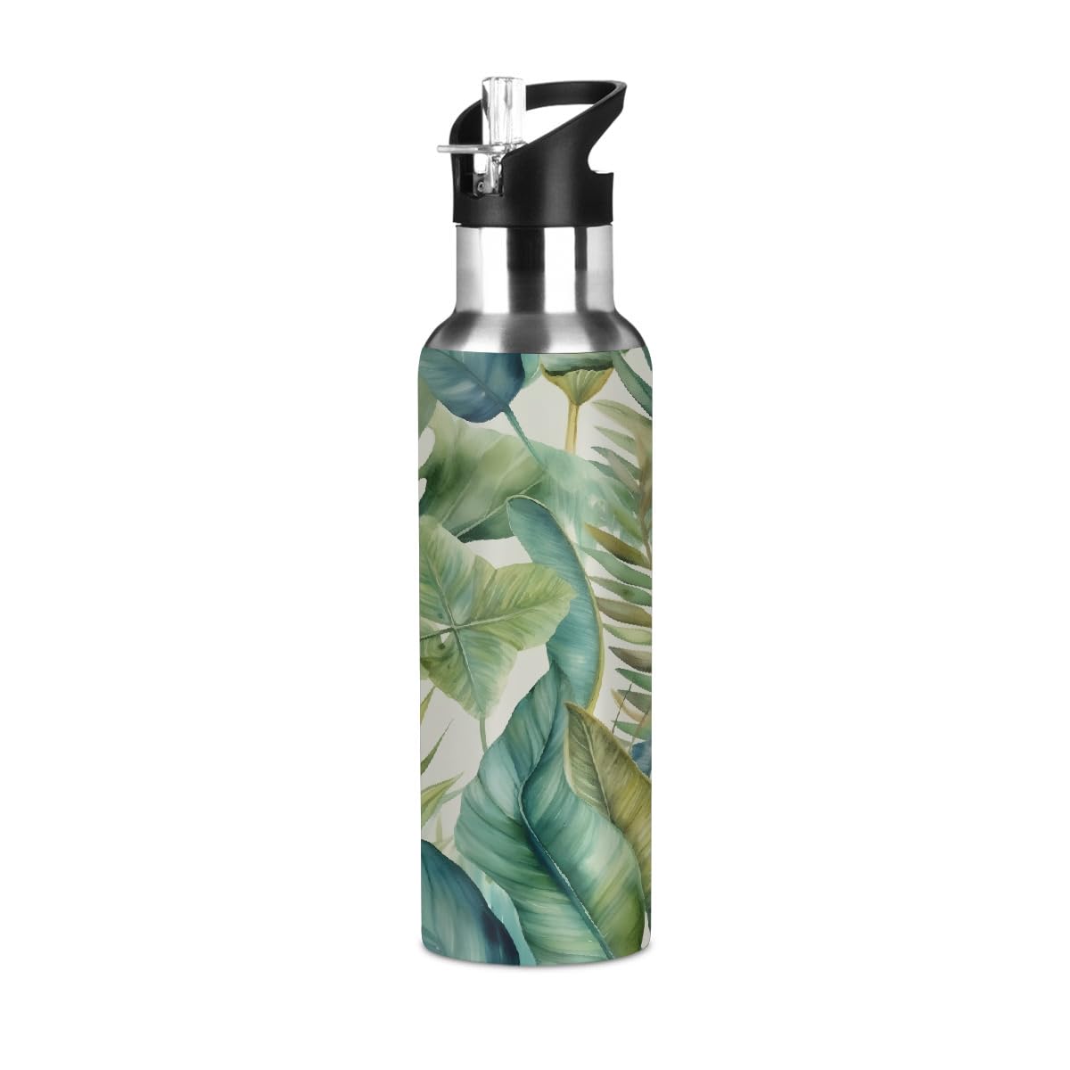 Mexpekil 600ml Stainless Steel Water Bottle with Straw Lid, Watercolor Palm Leaves Double Wall Insulated Drinks Bottle, Leakproof Thermal Flask for Adult Women Men