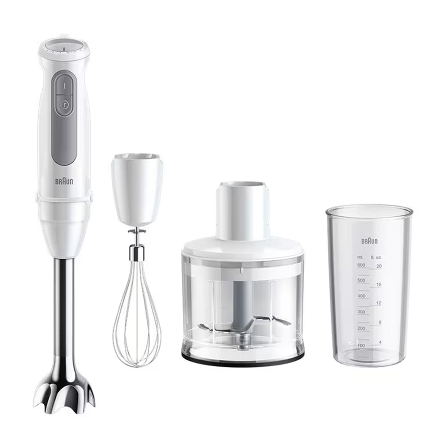 Braun MultiQuick 5 MQ50.236M, Minipimer con Tecnologia PowerBell Plus, 21 Velocità+Turbo, Sistema EasyClick per Accessori, Tritatutto 500ml, Frusta in Acciaio Inox e Bicchiere 600ml, 1000W, Bianco