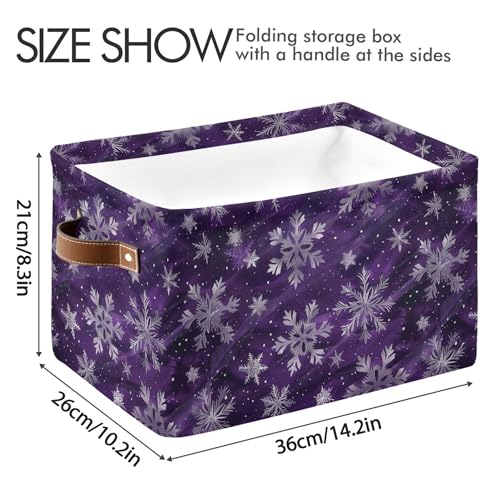 Image of Wamika Winter Snowflake Storage Basket with Waterproof Liner and PU Handles Christmas Purple Xmas Storage Bins Boxes 14.2 inch Collapsible Decorative Organizer Baskets for Bedroom Closet Office 1 Pack