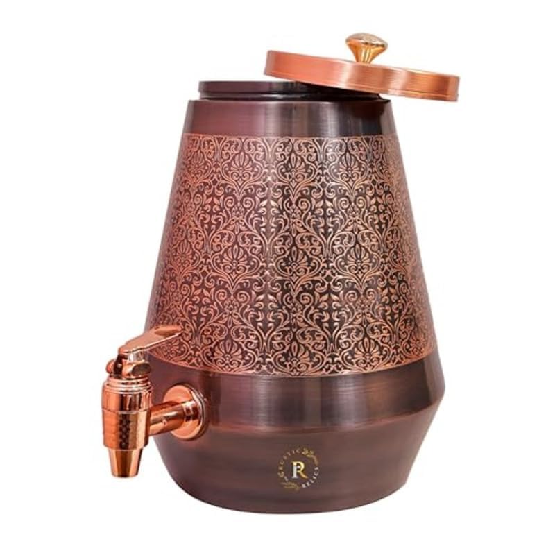 Antique Copper Water Matka - 5L | with Eye Catching Embosed Engraving Design | Copper Water Storage Dispenser with Ayurvedic Health Beneifts | for Home and Offices Purpose-image-44