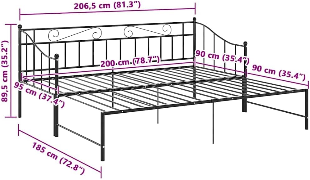 Diagram showing dimensions of the vidaXL Pull-Out Sofa Bed Frame
