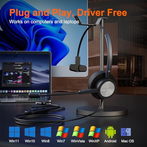 Image of emaiker corded USB Headset with Noise Cancelling Microphone PC Headphone with Mic Mute Volume Control Call Button for Office Call Center Skype Chat Teams Zoom Dragon Voice Recognition Speech Dictation