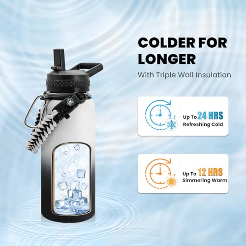 Image of RAYMYLO Insulated Water Bottle 32 oz, Triple Wall Vacuum Stainless Steel (Cold for 24Hrs, Hot for 12Hrs), Leak Proof & Non-BPA, Modern Water Flask Jug with Paracord Handle & Straw Spout Lids