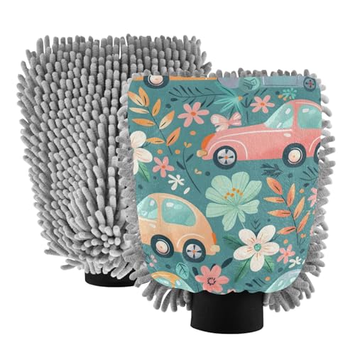 IOACIY Absorbent Microfiber Car Wash Drying Mitts, 2 Pack, Scratch-Free & Lint-Free, Rich Foam, Highly Absorbent, Double Sided, Wash Mitt Perfect for Car Washing, M, Cartoon Car Pattern (5)